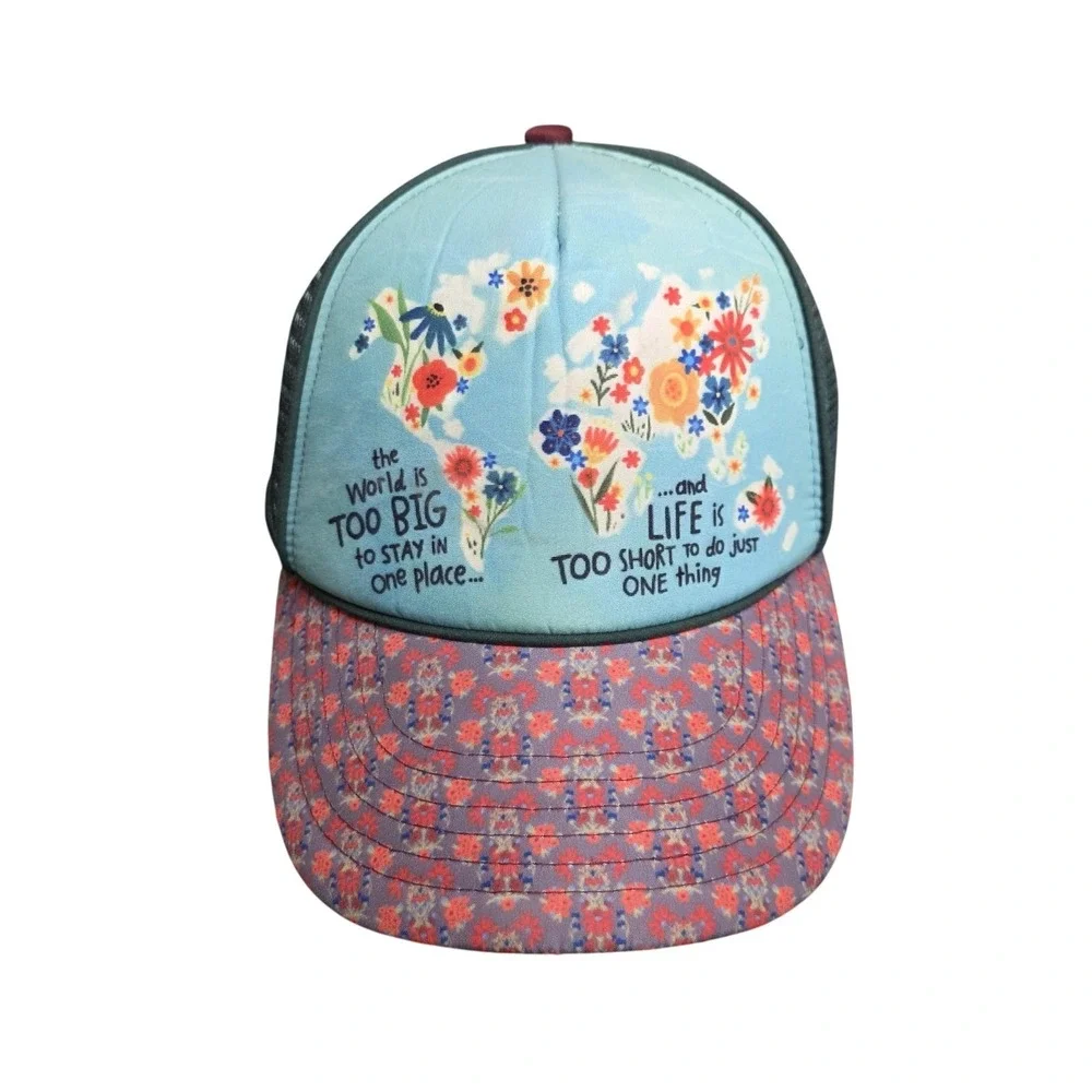 Natural Life Hat Cap Snap Back Womens Adjustable World Map Travel Quote Floral